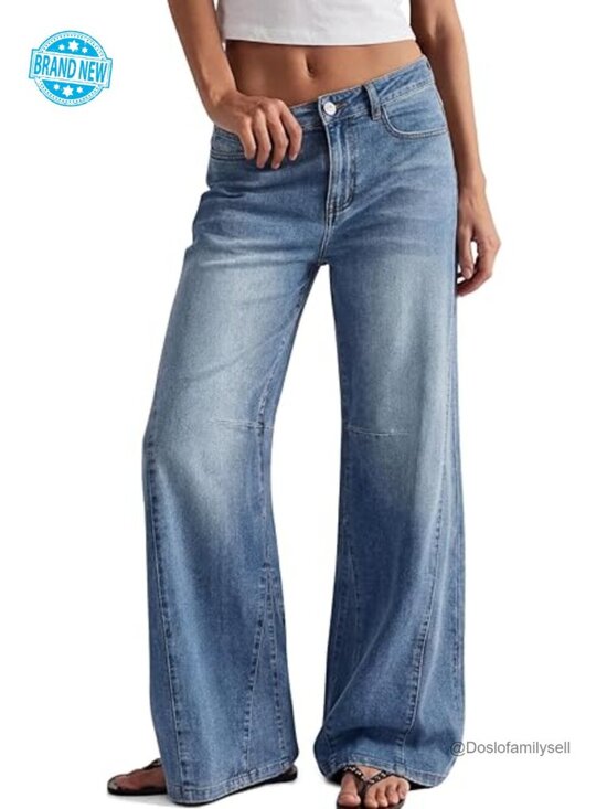 Denim - High Waisted Wide Leg Barrel Jeans Stretch Flare Denim Pants